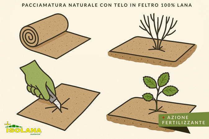 Pacciamatura naturale per orto, giardino e agricoltura con telo in lana di pecora 100%